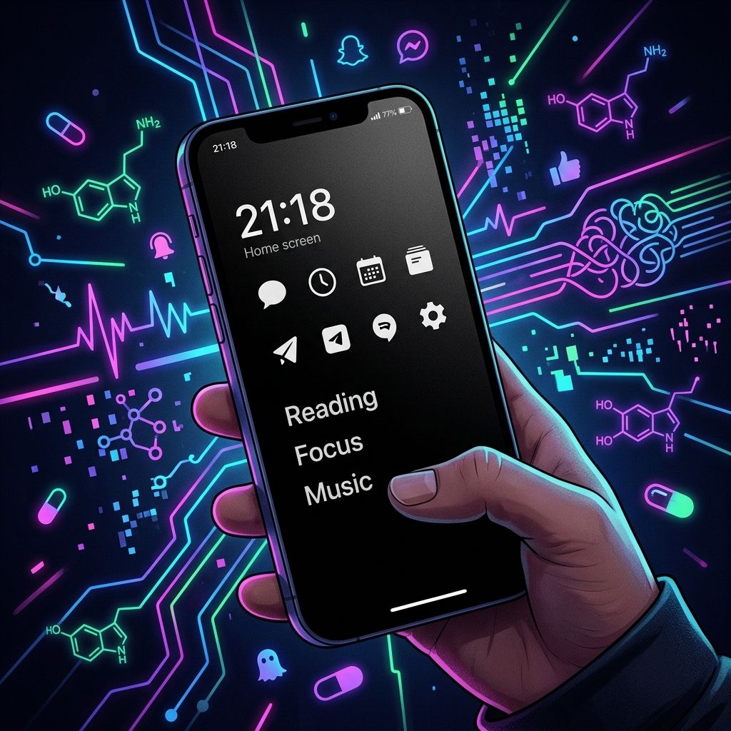 白黒のミニマルな画面表示になったスマホを持つ手とカラフルな背景