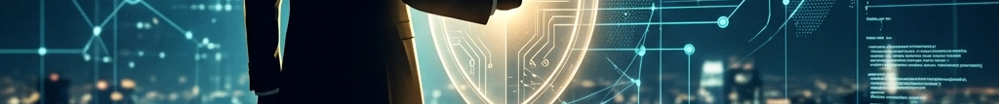 AIテクノロジーと、盾で戦略的に身を守るビジネスマンのシルエット