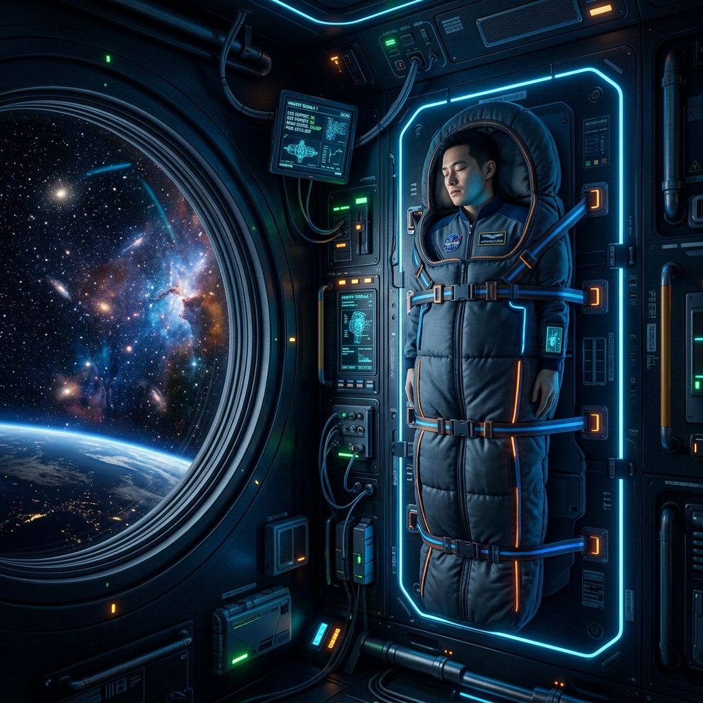 未来的宇宙ステーションで壁の寝袋に固定されて眠る宇宙飛行士