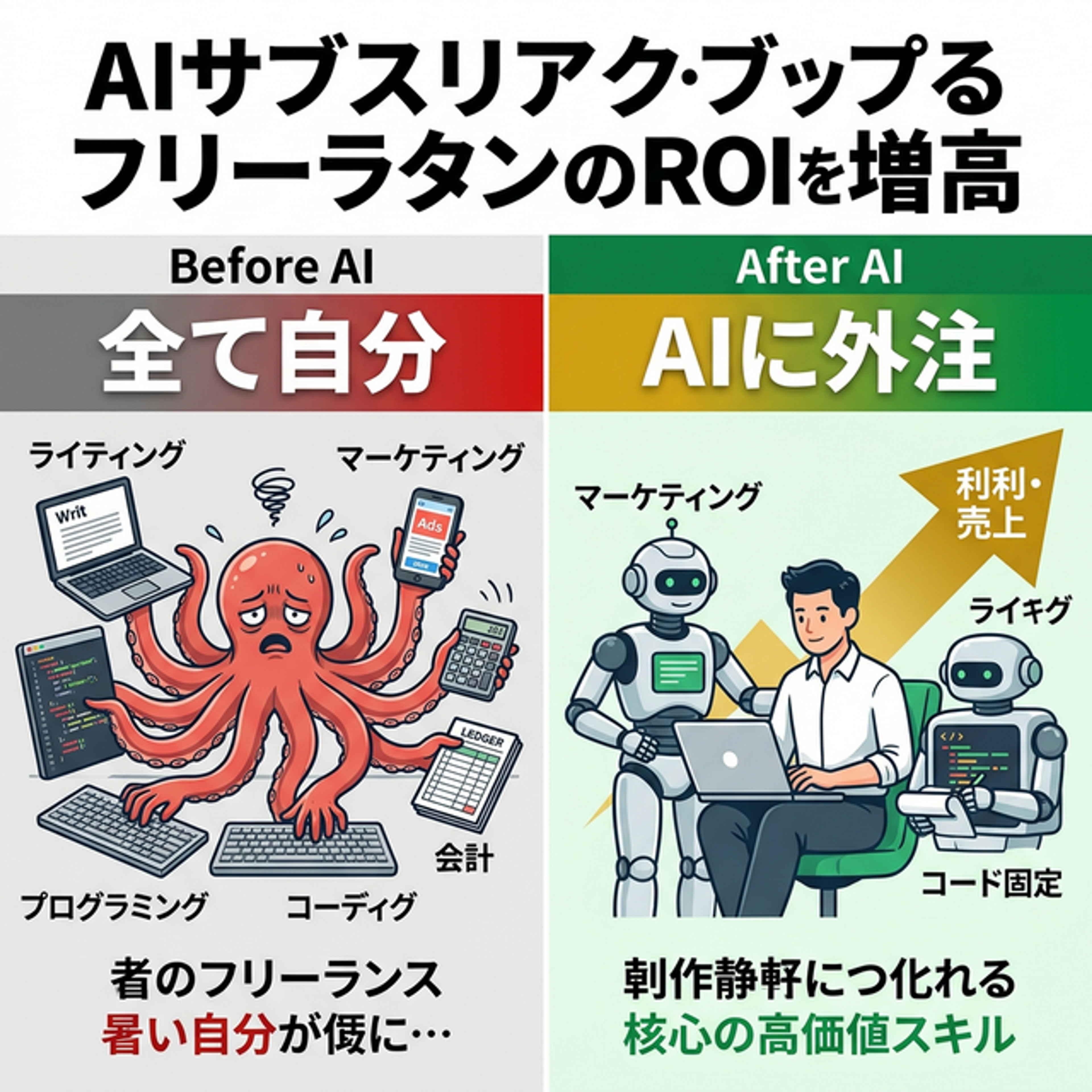 AI課金のBefore/Afterを図解したイメージ。左は一人で営業・開発・経理を抱え込んで疲弊しているタコのような状態。右はコア業務に集中し、他の作業はAIが代行して売上が上がっている状態