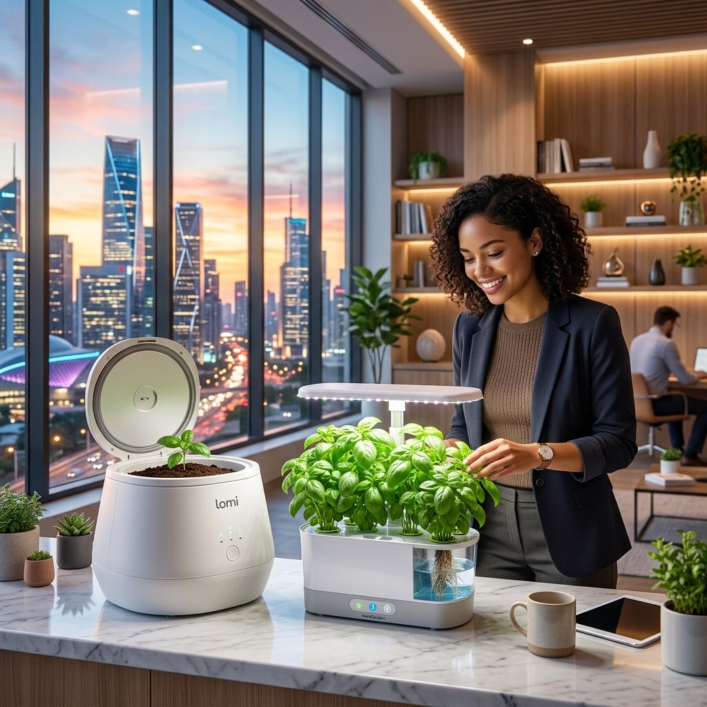 近代的オフィスのラウンジにて、スマート生ごみ処理機Lomiとハーブが育つAeroGardenの土を笑顔で触っている女性のアイキャッチイラスト