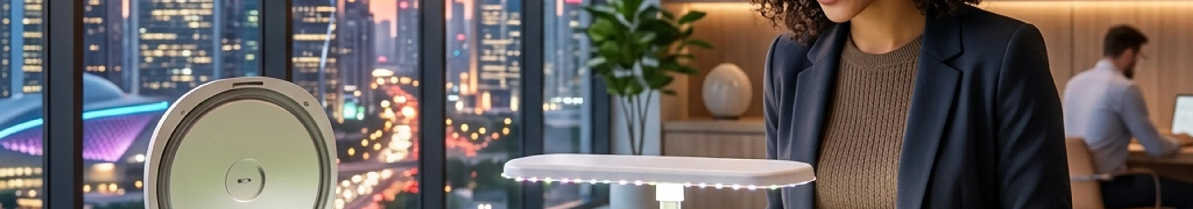 近代的オフィスのラウンジにて、スマート生ごみ処理機Lomiとハーブが育つAeroGardenの土を笑顔で触っている女性のアイキャッチイラスト