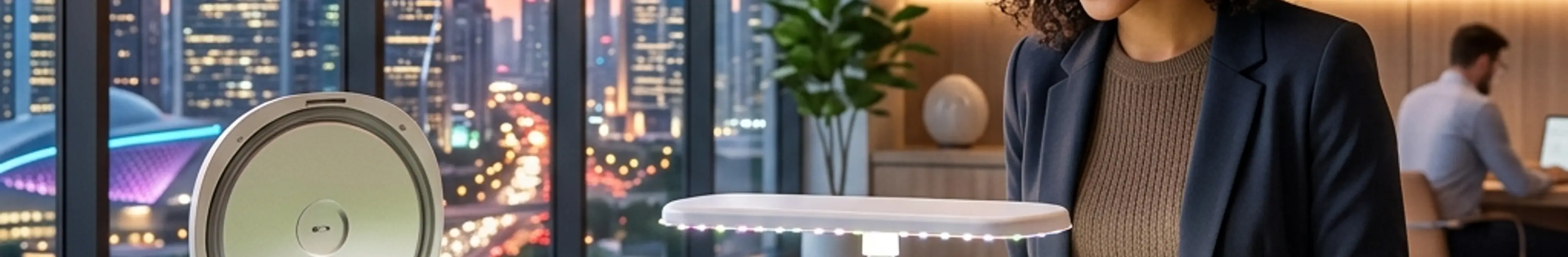 近代的オフィスのラウンジにて、スマート生ごみ処理機Lomiとハーブが育つAeroGardenの土を笑顔で触っている女性のアイキャッチイラスト