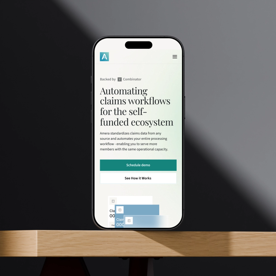 Phone showcasing the Amera website, designed by Push Refresh