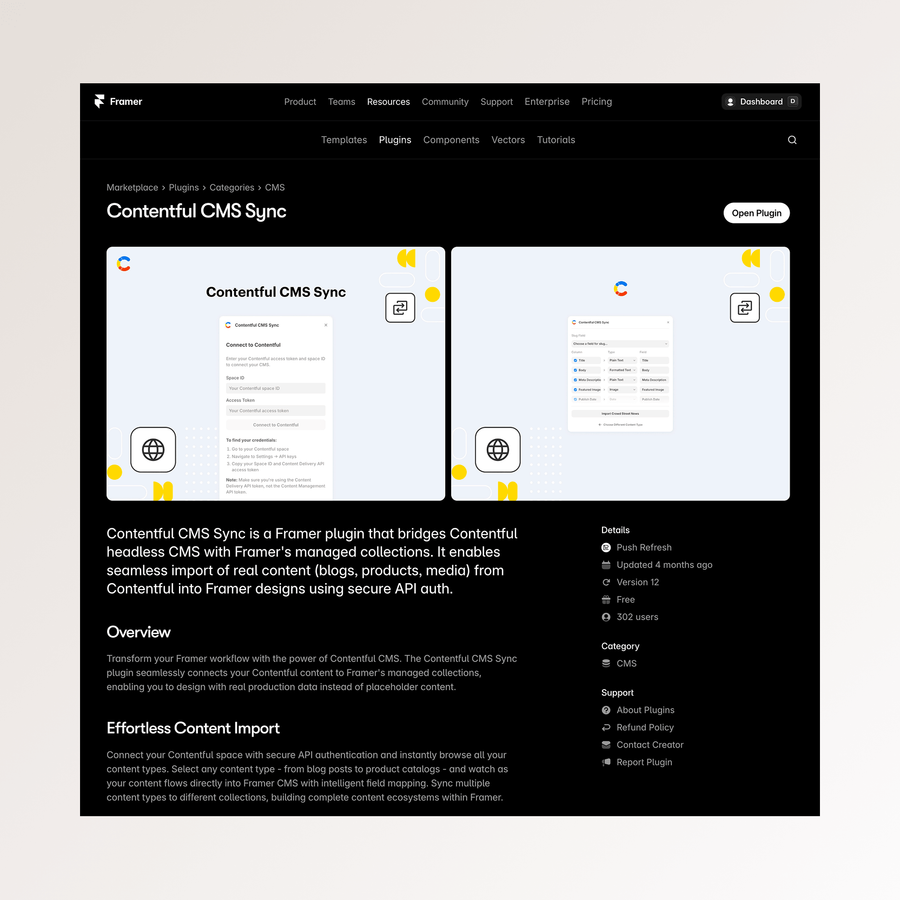 Screen from the Framer plugin website, showcasing the Contentful CMS Sync Plugin developed by Push Refresh
