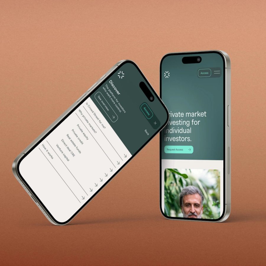 Two phones showing Crowd Street's Framer website, developed by Push Refresh
