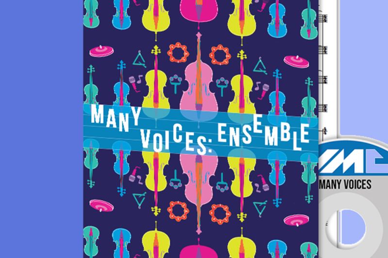 The cover of the Many Voices: Ensemble score — brightly coloured illustrated instruments on a dark blue ground.
