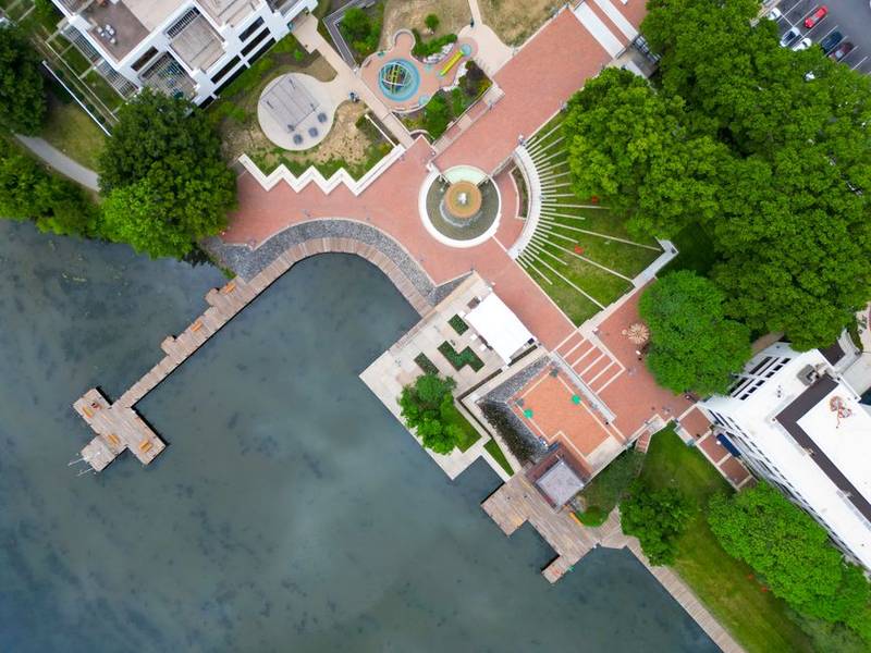 Aerial view of park and lake pier in Columbia, Maryland