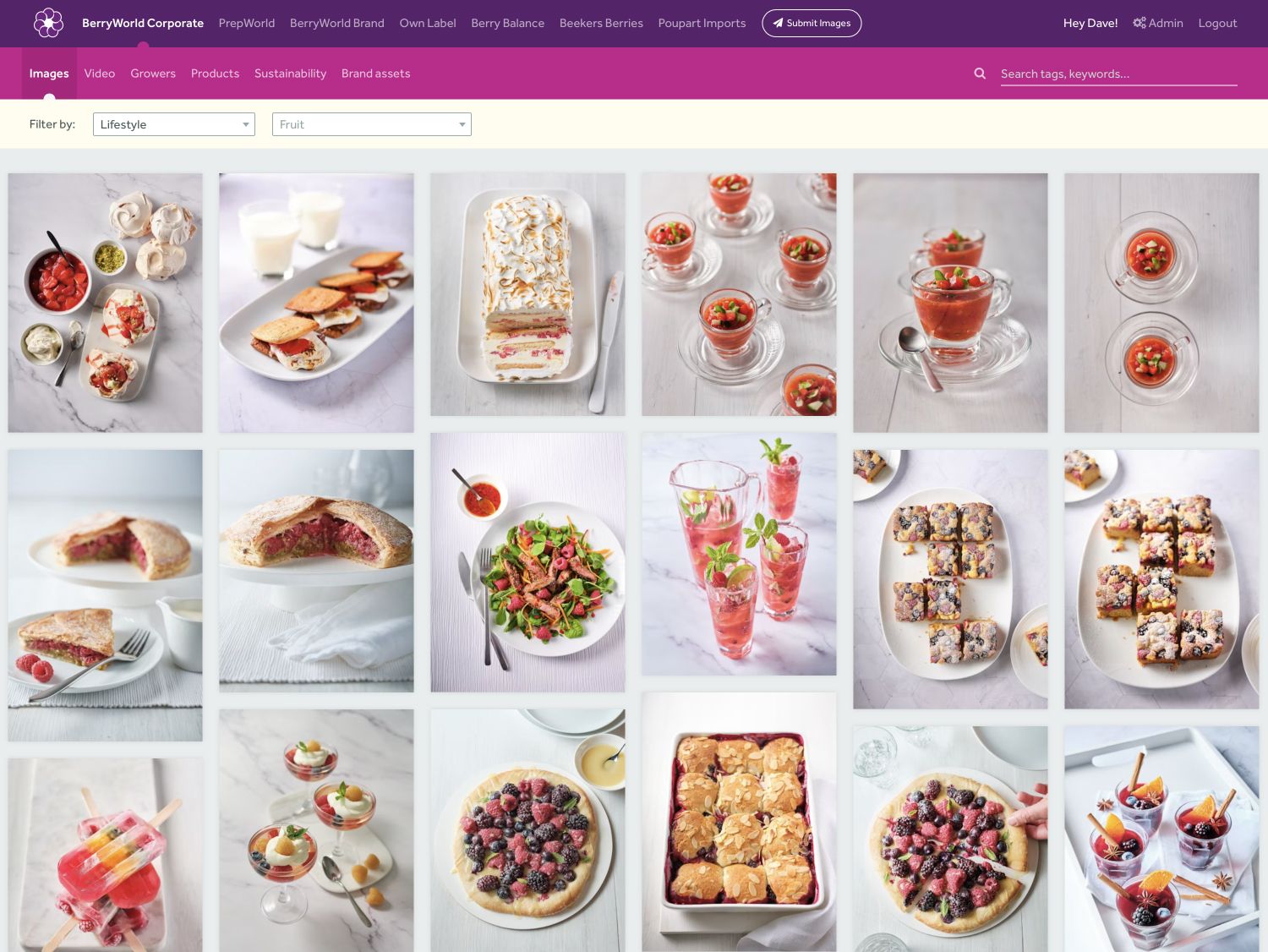 A screenshot of the BerryWorld media library showing a grid of various food photography