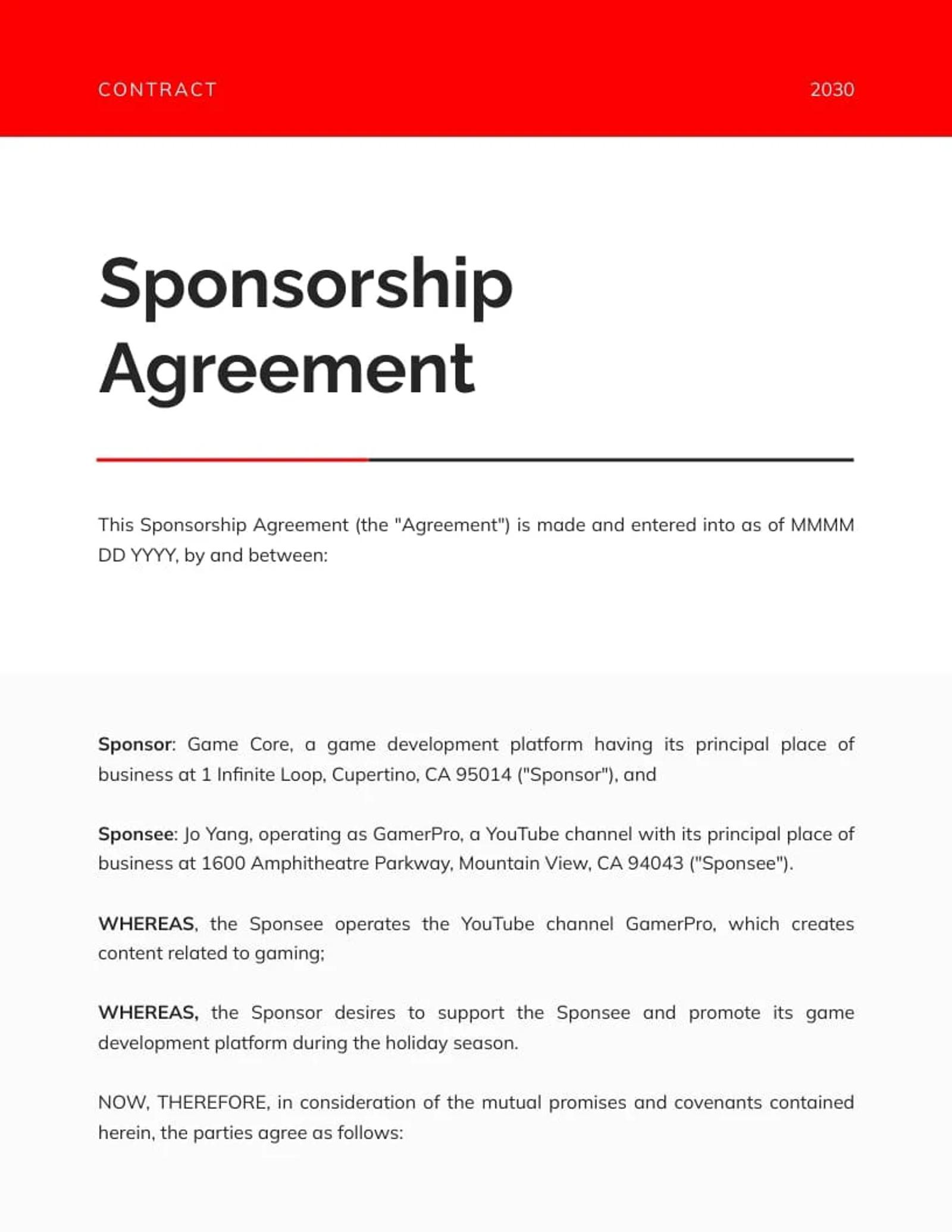 YouTube sponsorship contract document