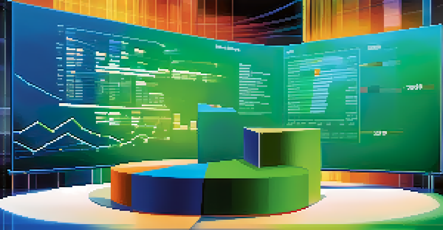 An abstract image depicting colorful graphs and pie charts on a digital screen, with a blue and green gradient background.