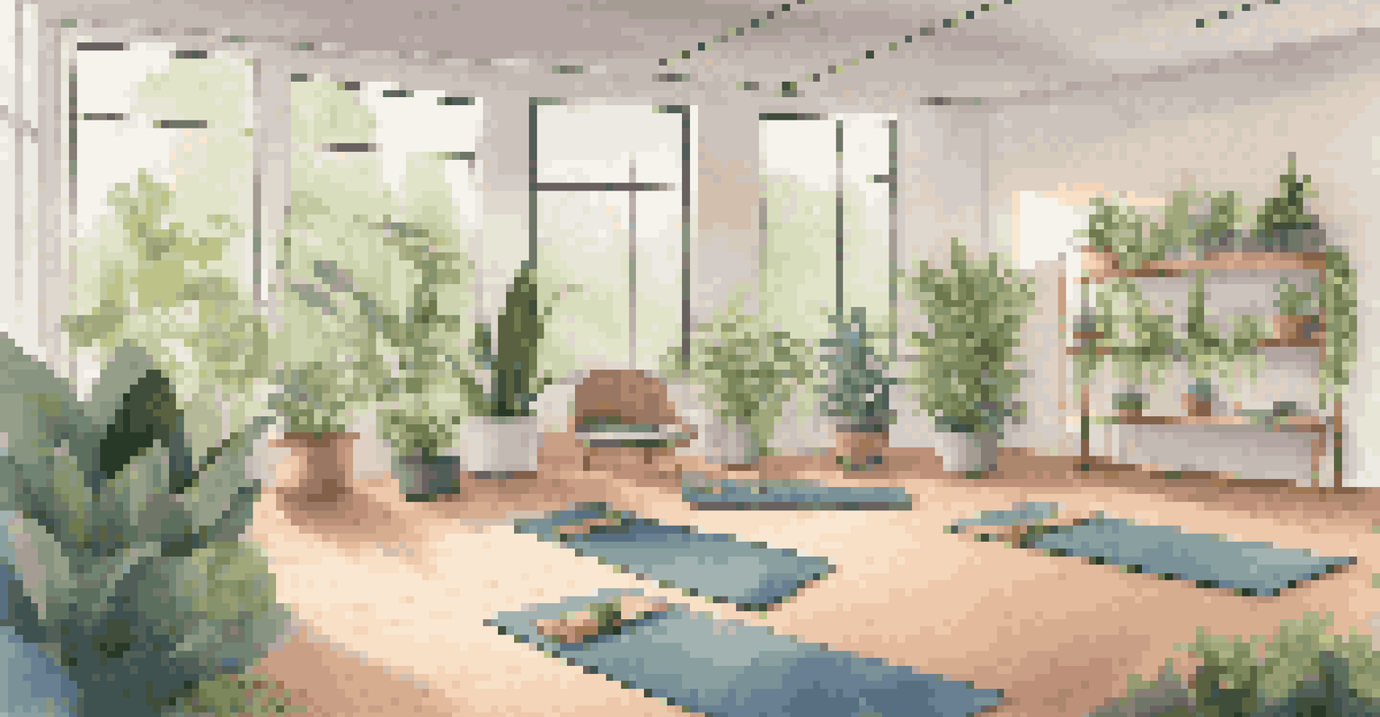 An office wellness area with employees practicing yoga surrounded by plants and a cozy reading nook.