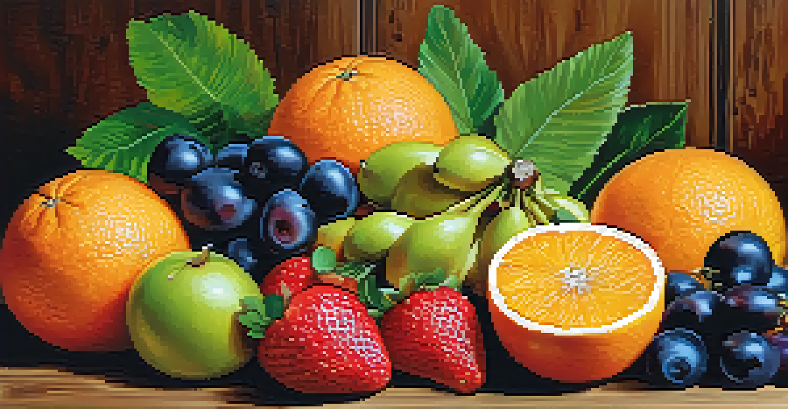 A colorful arrangement of fresh fruits on a wooden table, showcasing their textures and vibrant colors.