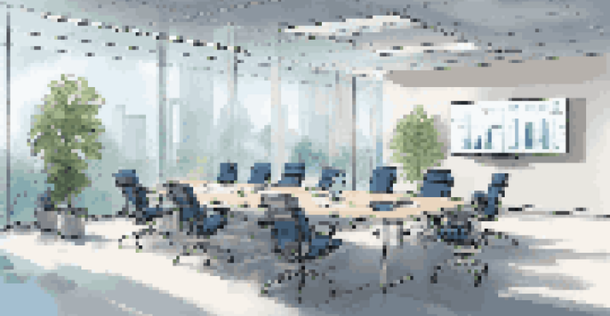 A modern conference room with a large table, ergonomic chairs, plants, and a digital screen showing retargeting strategies.