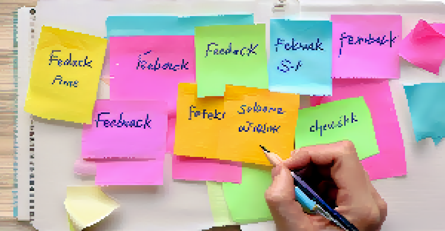 A hand holding a notepad titled 'Feedback' with colorful sticky notes and pens in a softly blurred background.