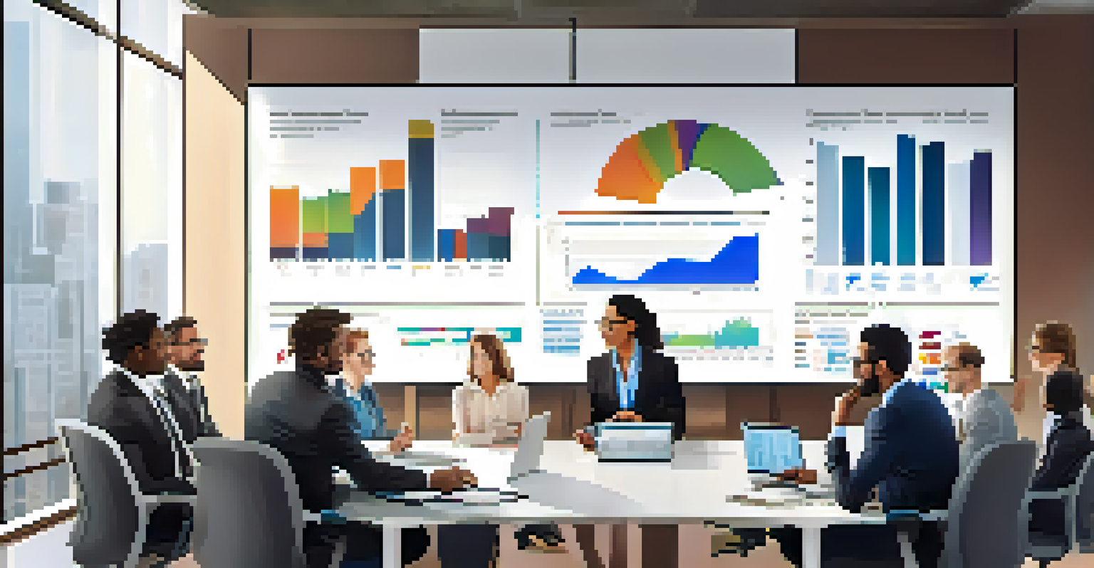 A diverse team of financial professionals discussing reports around a conference table in a well-lit meeting room.