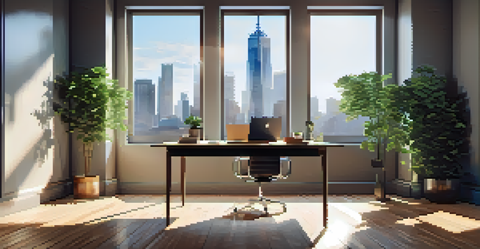 A bright and organized office space featuring a desk with a laptop, notepad, and coffee cup, overlooking a city skyline through a large window.