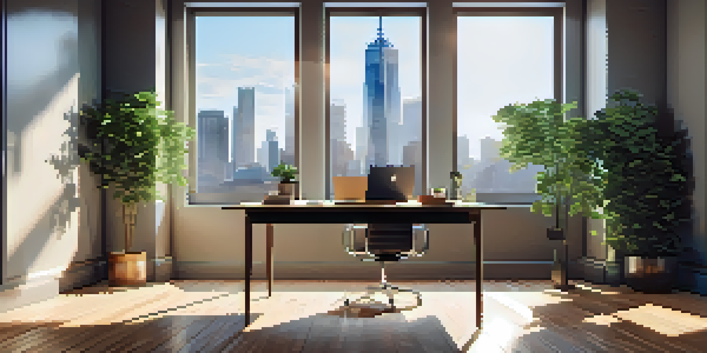 A bright and organized office space featuring a desk with a laptop, notepad, and coffee cup, overlooking a city skyline through a large window.