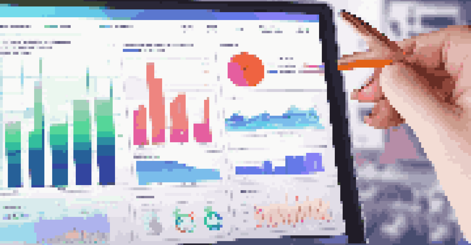 Close-up of a computer screen displaying a colorful KPI dashboard with charts, and a hand interacting with the touchscreen.