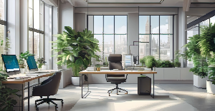 A bright and airy modern office workspace featuring a desk with a laptop, charts on the screen, and green plants around, illuminated by natural light.