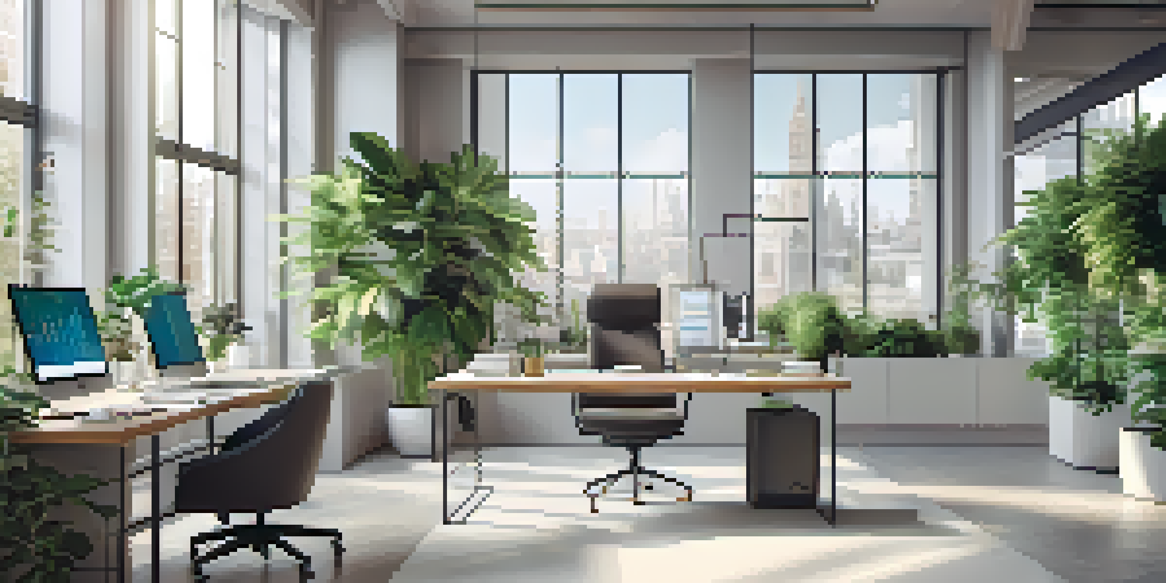 A bright and airy modern office workspace featuring a desk with a laptop, charts on the screen, and green plants around, illuminated by natural light.