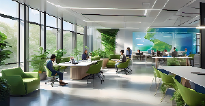 A vibrant modern office space with employees collaborating in a learning-friendly environment, featuring greenery and technology.