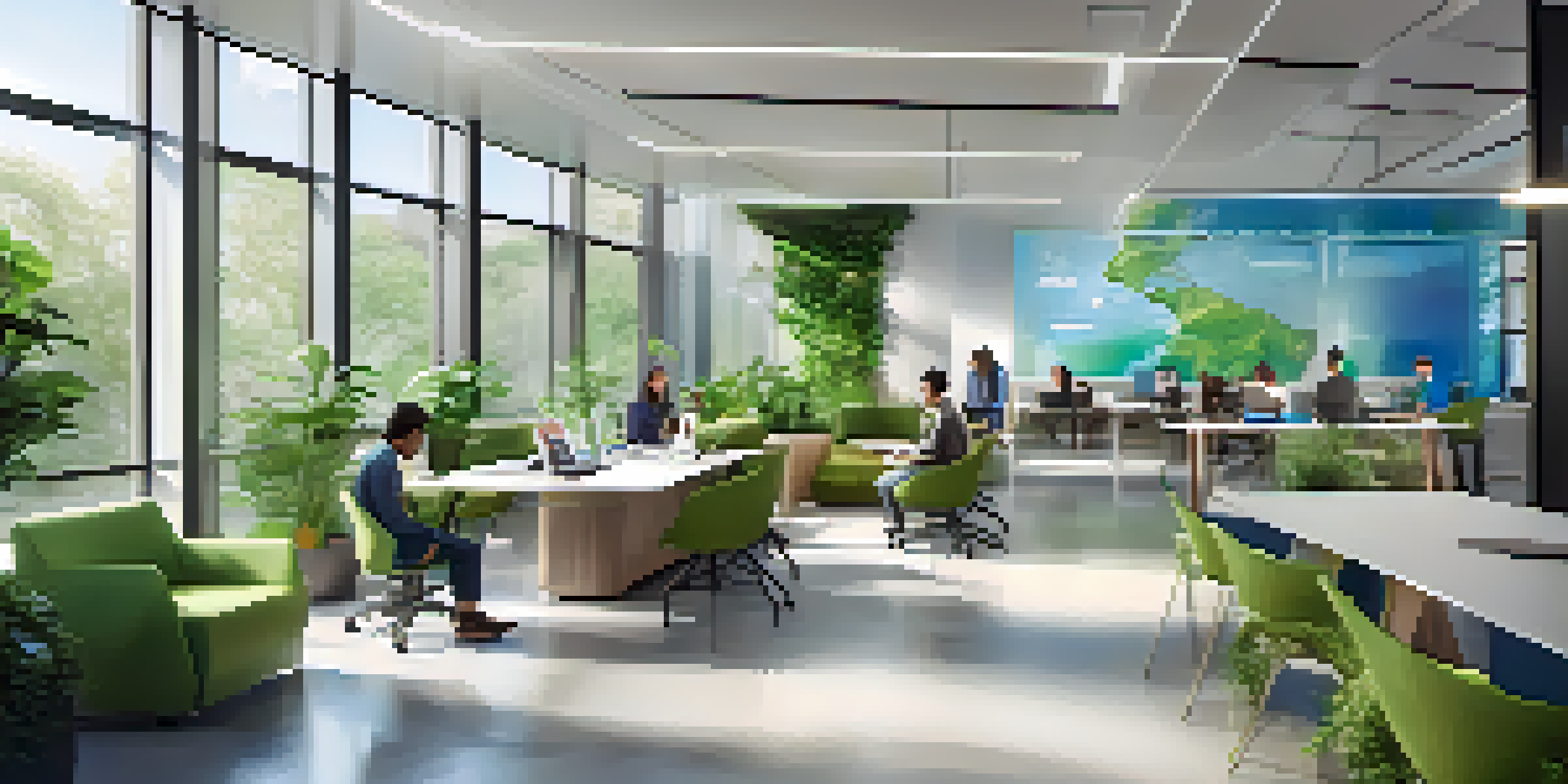A vibrant modern office space with employees collaborating in a learning-friendly environment, featuring greenery and technology.