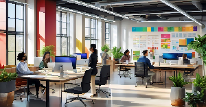 A diverse group of employees in a bright office discussing customer segmentation strategies with charts and laptops.