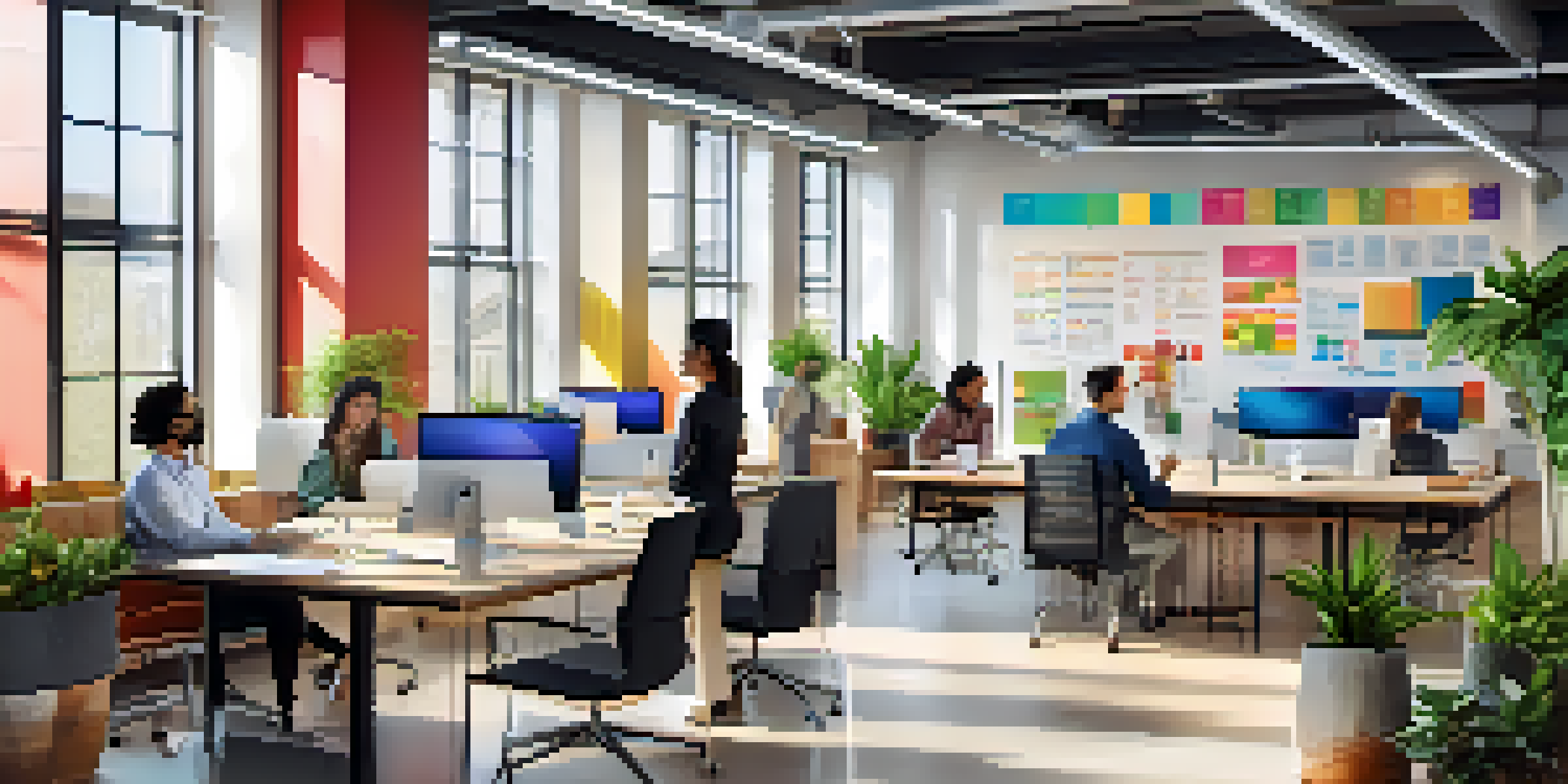 A diverse group of employees in a bright office discussing customer segmentation strategies with charts and laptops.