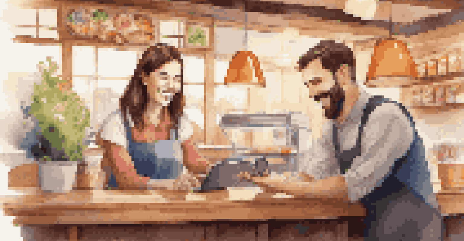 A café scene where an employee assists a customer with a mobile app. The environment is warm and inviting, filled with food displays and wooden furniture.