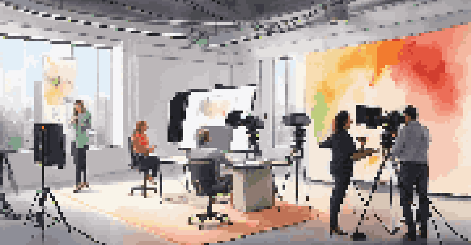 A modern video marketing production set with a presenter and crew, showcasing professional equipment and a company logo.