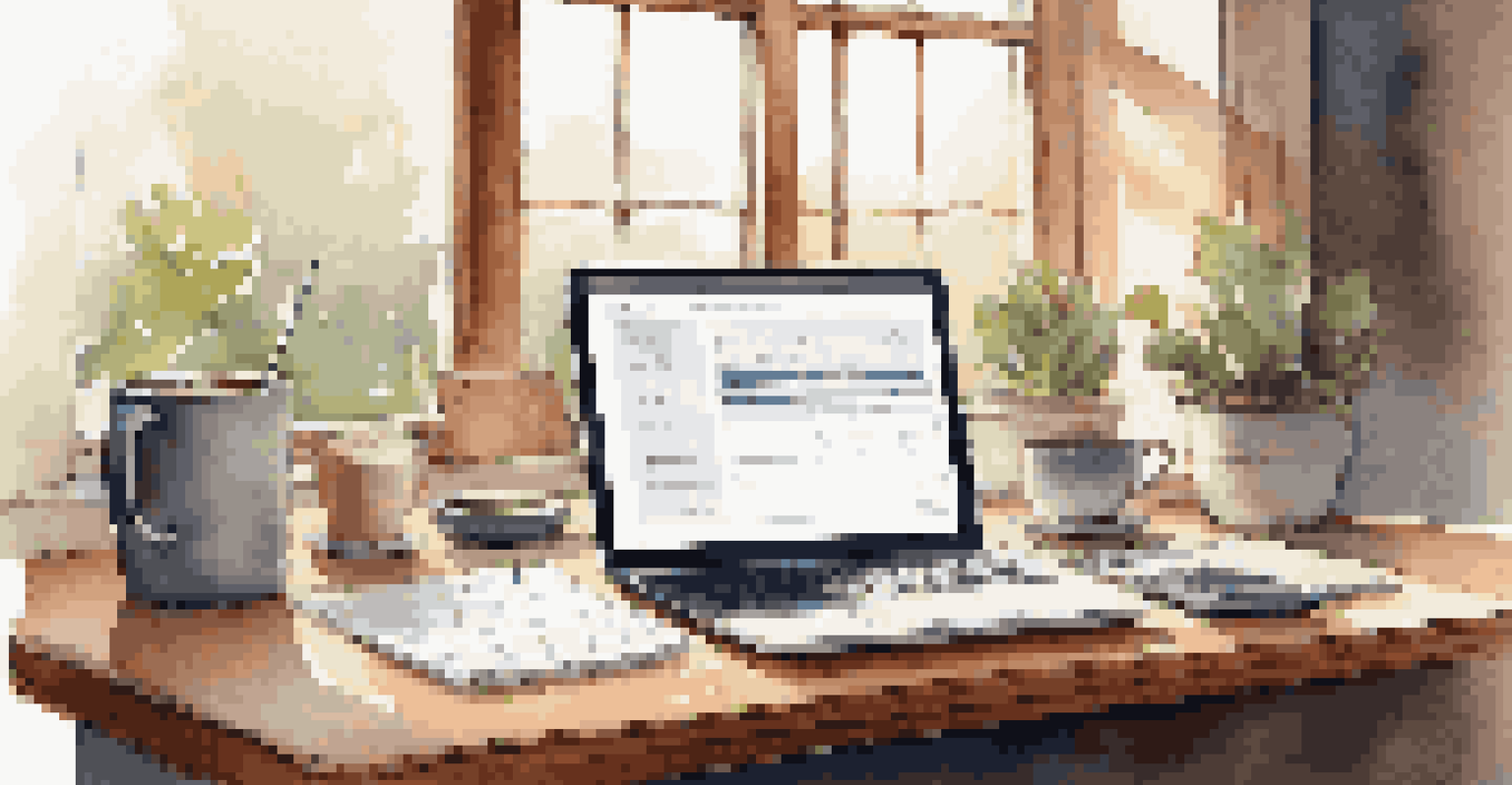 A cozy workspace with a laptop showing financial reporting software, a coffee cup, and a notepad on a wooden desk.