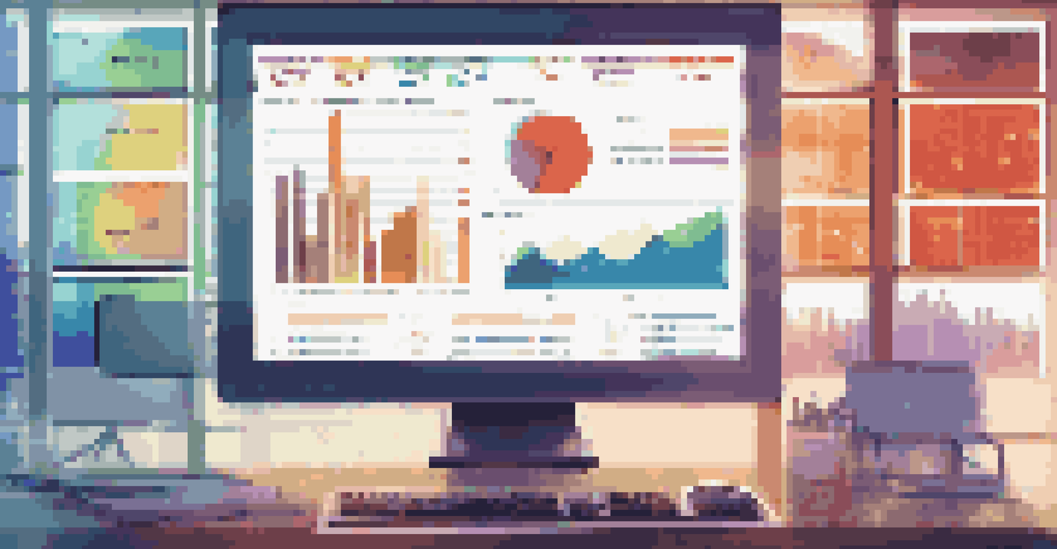 A close-up of a computer screen displaying a Business Intelligence dashboard with colorful charts and graphs in a cozy office environment.