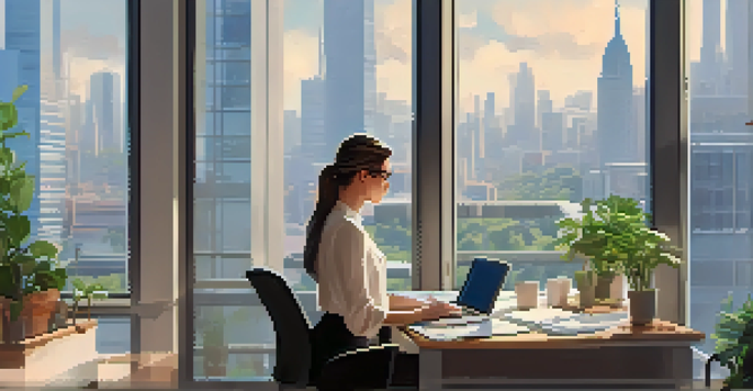 A professional woman working in a bright office, analyzing financial reports on a laptop with city skyline visible through the window.
