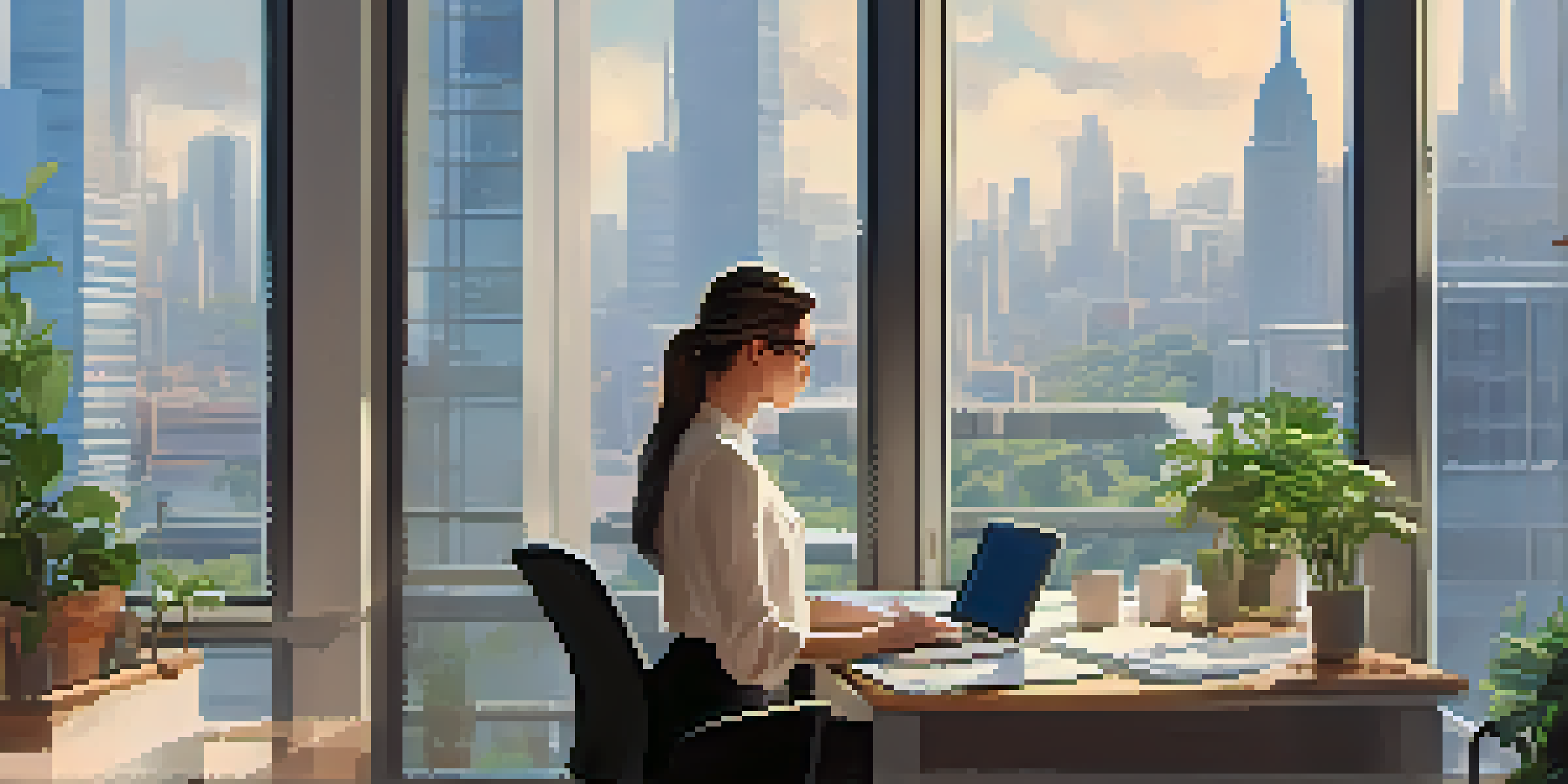 A professional woman working in a bright office, analyzing financial reports on a laptop with city skyline visible through the window.