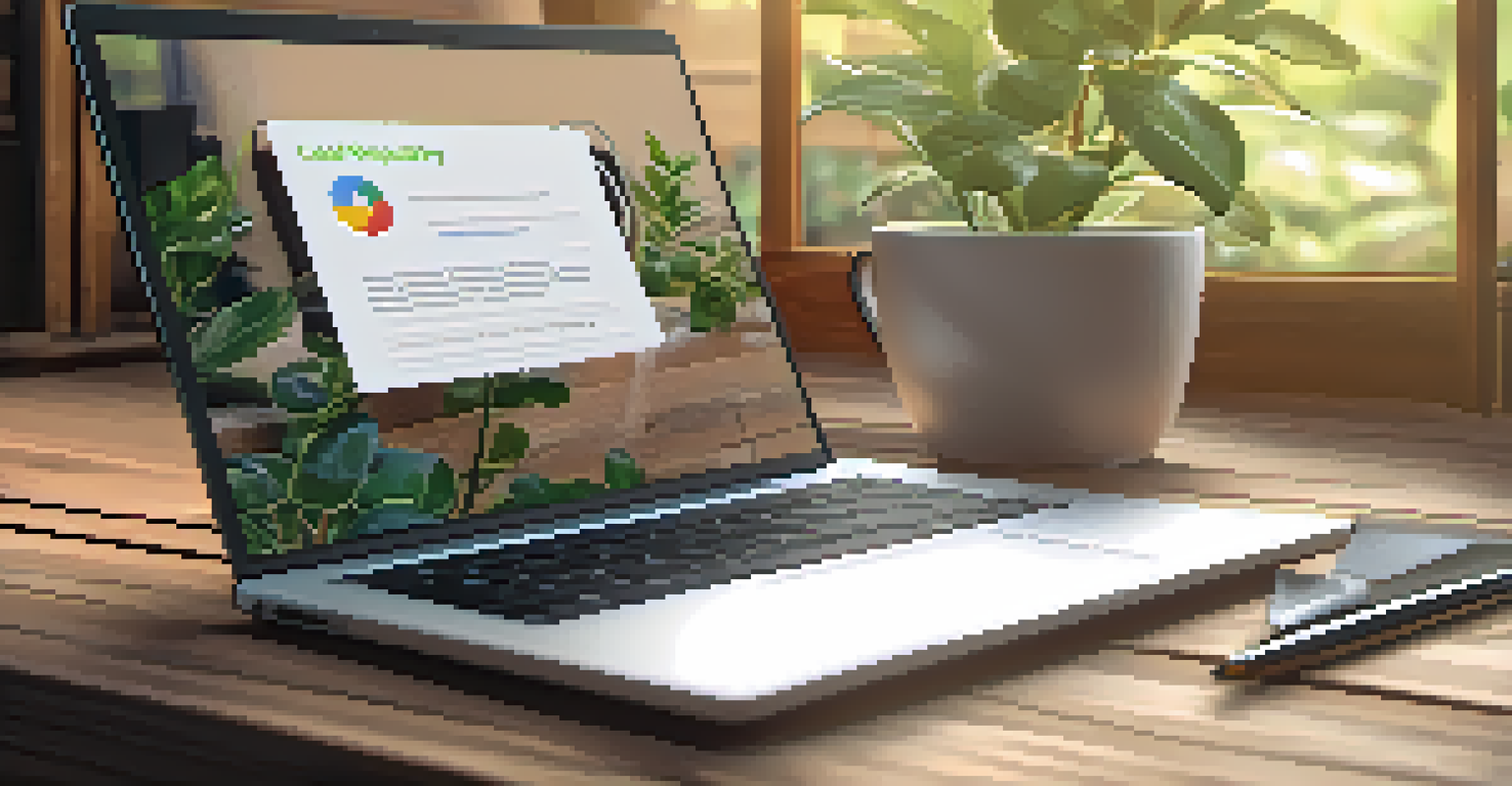 An open laptop showing data privacy policies with a plant and coffee on a rustic desk, representing ethical marketing.