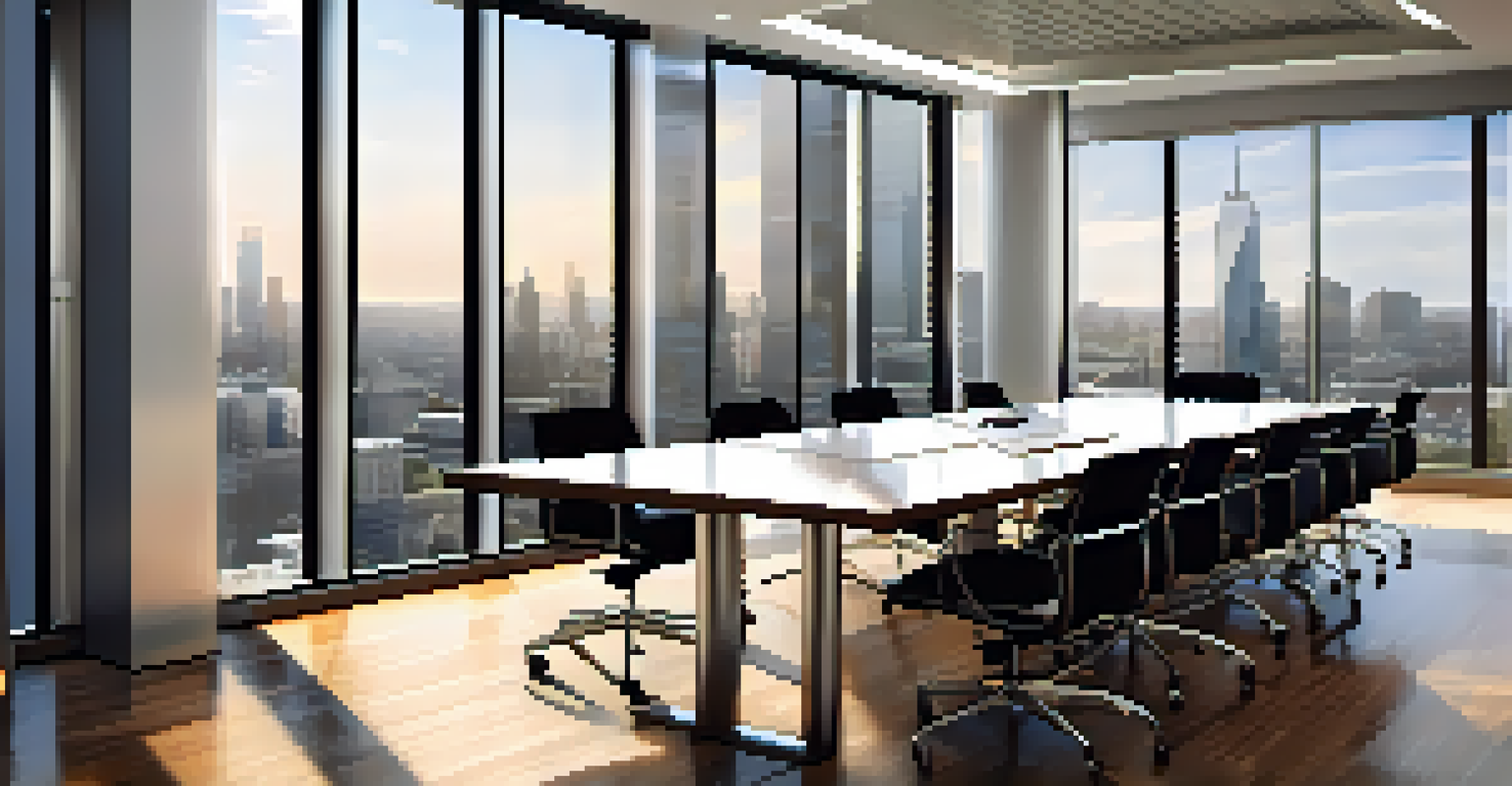 A modern conference room with a wooden table, laptops, and a view of the city skyline through a large window.