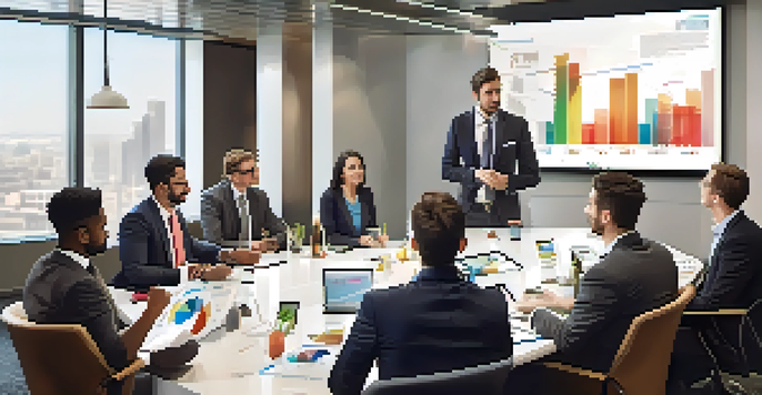 A group of diverse entrepreneurs in business attire presenting a pitch around a conference table with a projector displaying graphs.