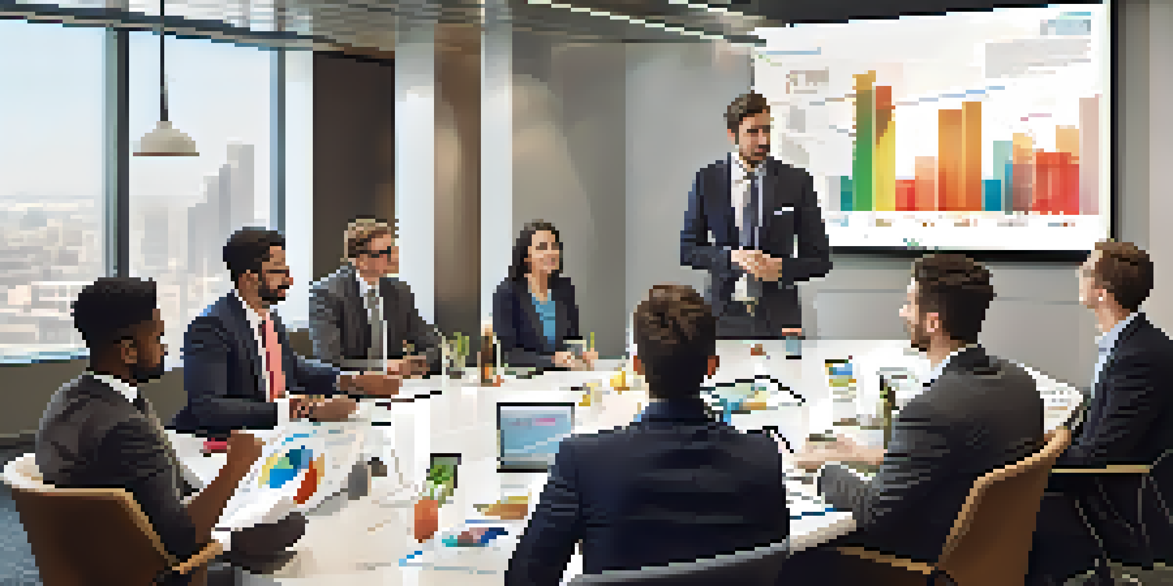 A group of diverse entrepreneurs in business attire presenting a pitch around a conference table with a projector displaying graphs.