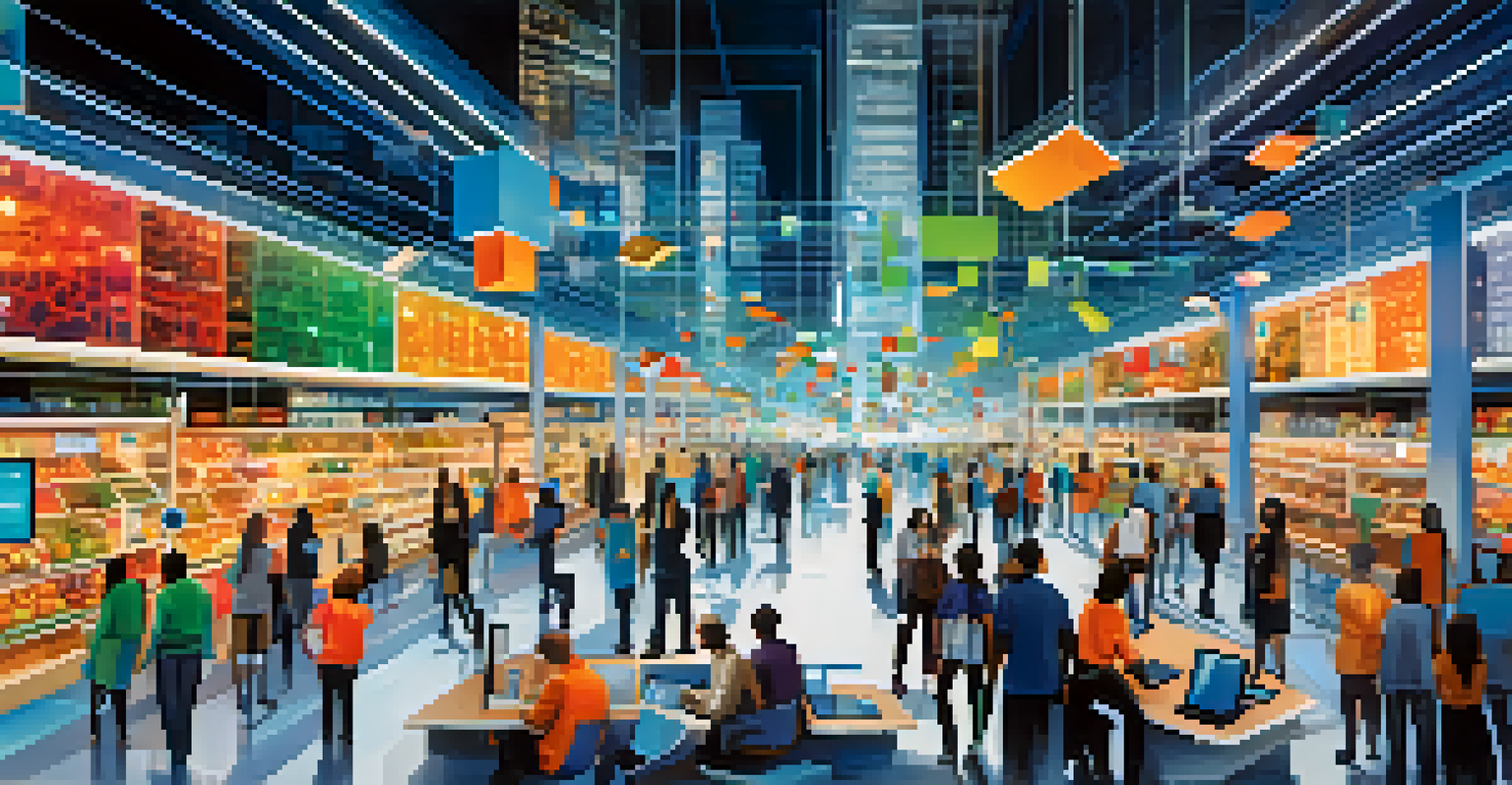 An abstract digital marketplace illustration with interconnected nodes and technology icons representing collaboration in a business ecosystem.