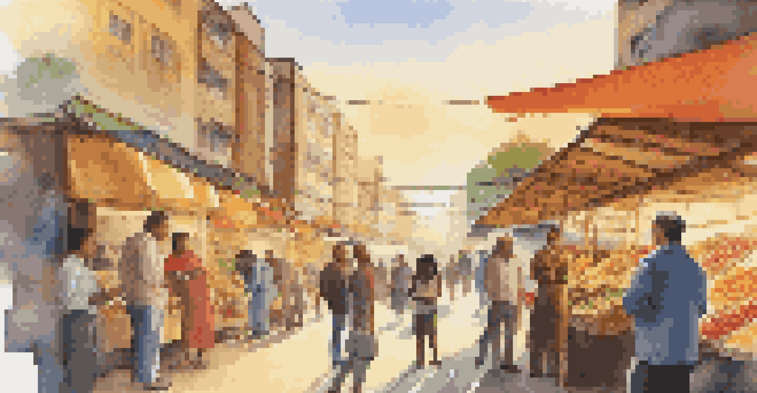 A market researcher surveying potential customers in a colorful urban market environment during sunset.