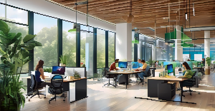 A bright and modern coworking space with diverse entrepreneurs working together, natural light coming through large windows, and plants in the background.