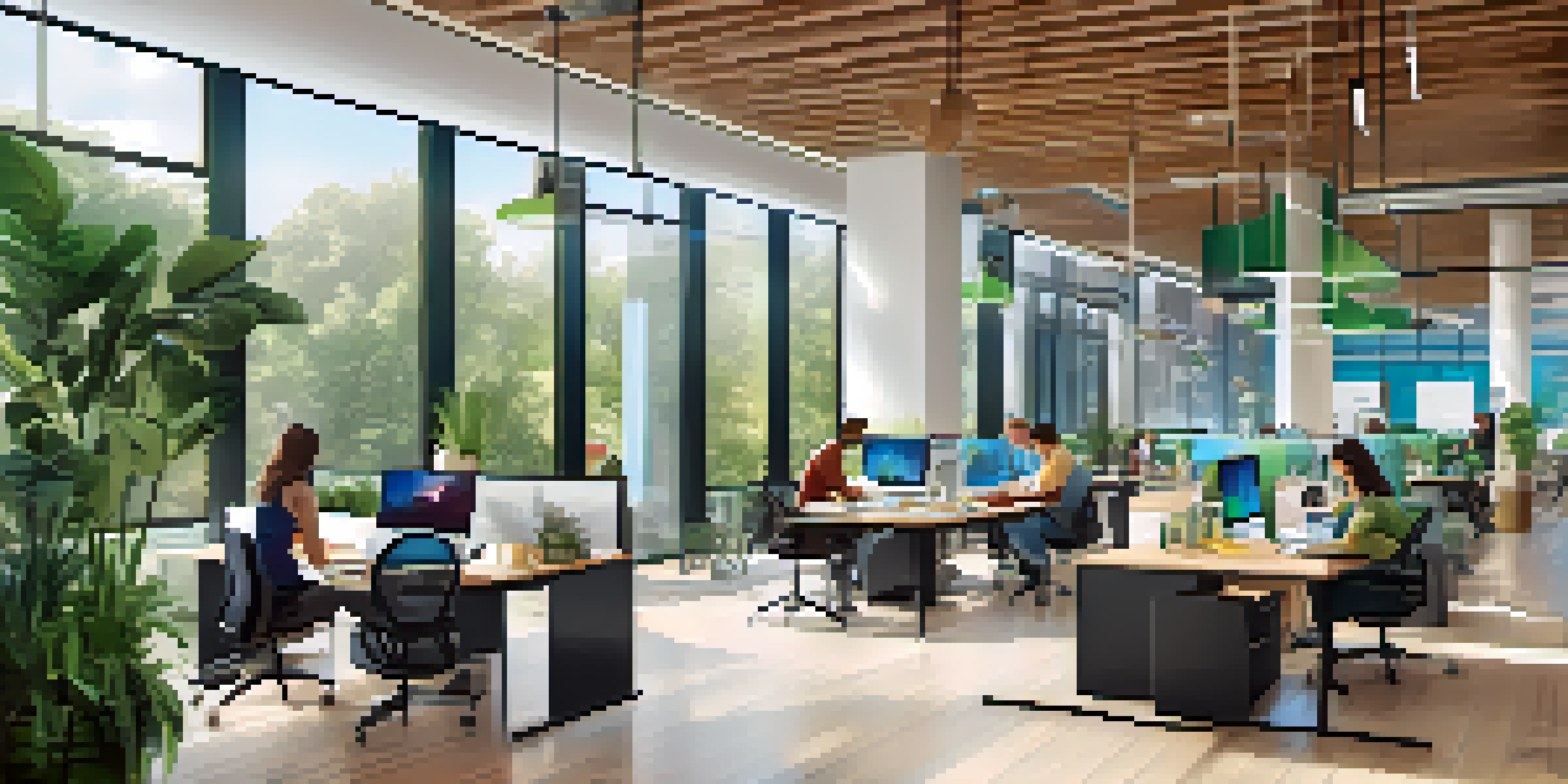 A bright and modern coworking space with diverse entrepreneurs working together, natural light coming through large windows, and plants in the background.