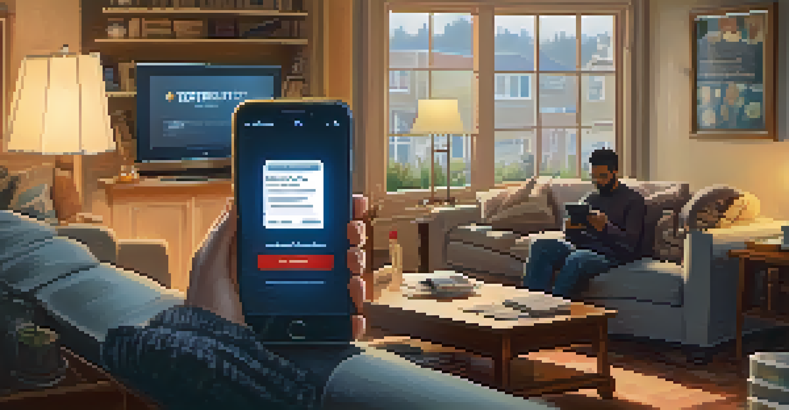 A concerned individual looking at their smartphone in a cozy living room, with social media alerts about a crisis clearly visible on the screen.
