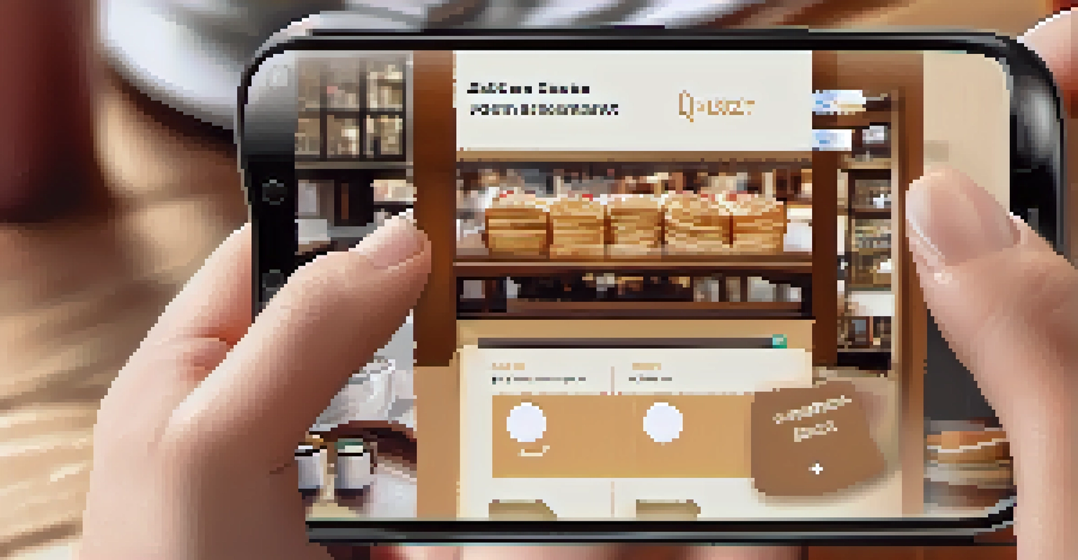 Close-up of hands holding a smartphone showing an interactive quiz in a cozy café, with a coffee cup on the table.