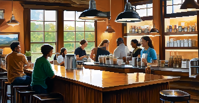 A busy coffee shop with customers enjoying their drinks, a barista preparing coffee, and warm lighting.