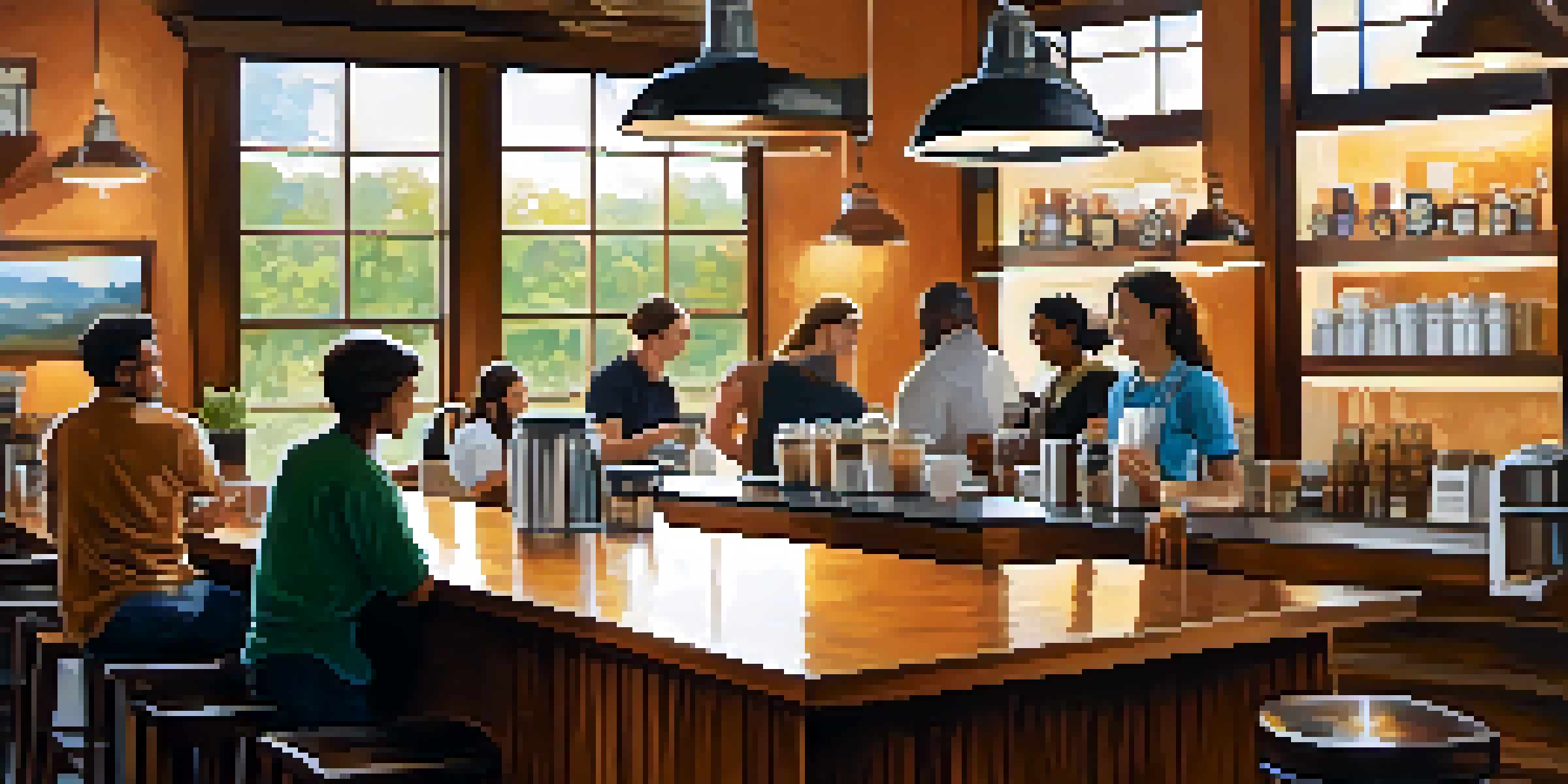A busy coffee shop with customers enjoying their drinks, a barista preparing coffee, and warm lighting.
