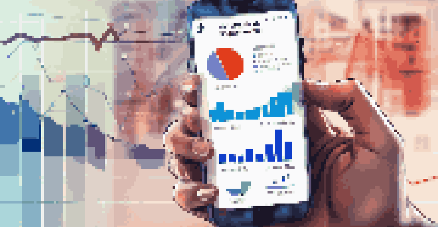 A close-up of a hand holding a smartphone showing positive social media metrics in a motivational workspace.