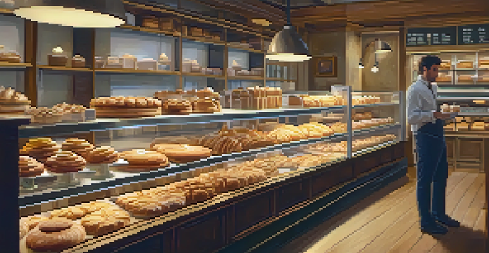A warm and inviting bakery interior with shelves of freshly baked cakes and pastries, illuminated by soft golden light.