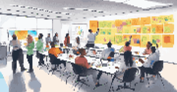 A colorful training room with diverse employees engaged in learning activities, some at a workshop and others watching a presentation.